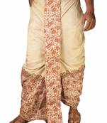 Cream  Hand Block Print Dupion Silk Dhoti For Men