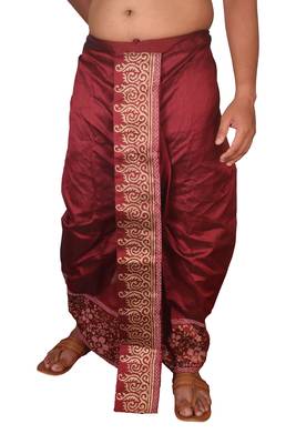 Wine Hand Block Print Dupion Silk Dhoti For Men 1