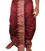 Wine Hand Block Print Dupion Silk Dhoti For Men