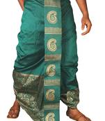 Deep Green  Hand Block Print Dupion Silk Dhoti For Men