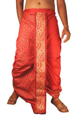 Maroon  Hand Block Print Dupion Silk Dhoti For Men 1