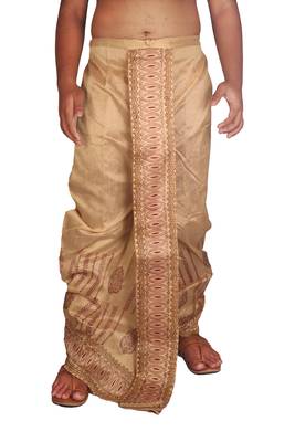 Beige Hand Block Print Dupion Silk Free Size Dhoti  1