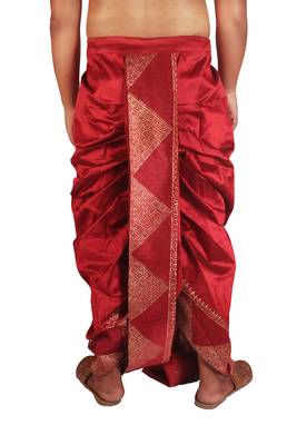 Maroon  Hand Block Print Dupion Silk Dhoti For Men 2