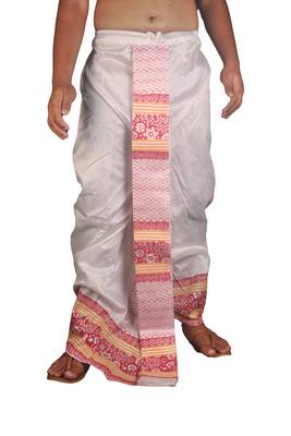 White Hand Block Print Dupion Silk Dhoti For Men 1