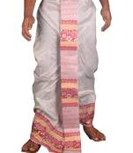 White Hand Block Print Dupion Silk Dhoti For Men