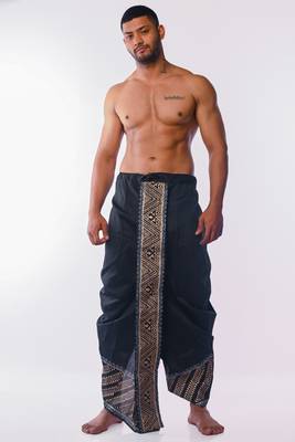 Black Hand Block Print Dupion Silk Dhoti For Men 1