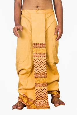 Mustard And Block Print Dupion Silk Dhoti For Men 1