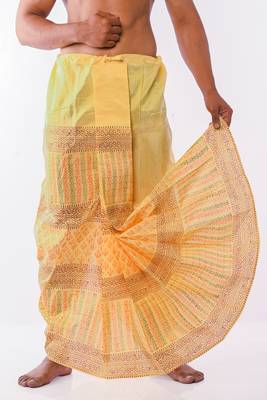 Yellow Hand Block Print Dupion Silk Dhoti For Men 1