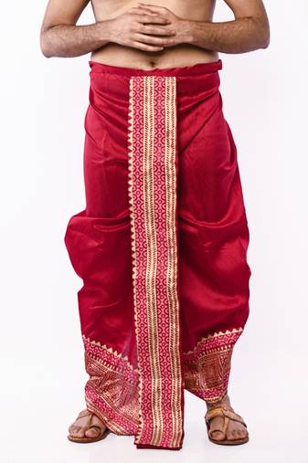 Maroon Hand Block Print Dupion Silk Dhoti For Men