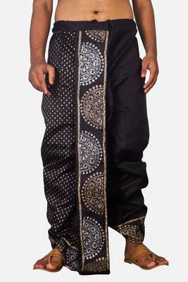 Black Hand Block Print Dupion Silk Dhoti For Men 1