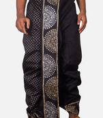 Black Hand Block Print Dupion Silk Dhoti For Men
