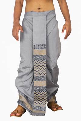 Gray Hand Block Print Dupion Silk Dhoti For Men 1
