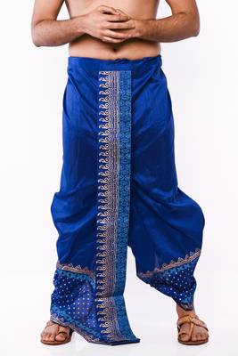 Royal Blue Hand Block Print Dupion Silk Dhoti For Men 1