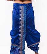 Royal Blue Hand Block Print Dupion Silk Dhoti For Men