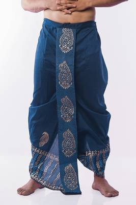 Peacock Blue Hand Block Print Dupion Silk Dhoti For Men 1