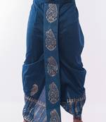 Peacock Blue Hand Block Print Dupion Silk Dhoti For Men
