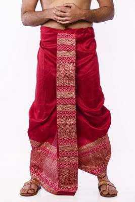 Maroon Hand Block Print Dupion Silk Dhoti For Men 1