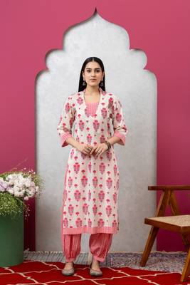 Smer women's cotton printed cream & pink v-neck 3/4th sleeves kurta & salwar set 1