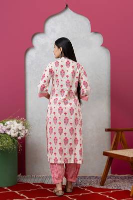 Smer women's cotton printed cream & pink v-neck 3/4th sleeves kurta & salwar set 3