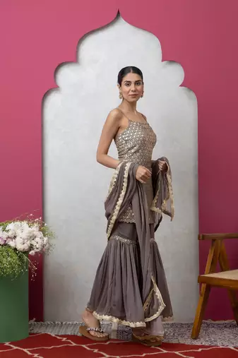 Smer women's grey sequined work strap shoulder kurta & sharara with dupatta set