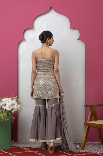 Smer women's grey sequined work strap shoulder kurta & sharara with dupatta set