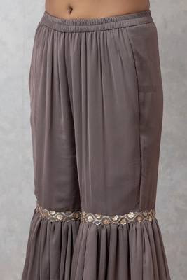 Smer women's grey sequined work strap shoulder kurta & sharara with dupatta set 4