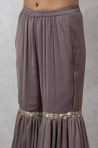 Smer women's grey sequined work strap shoulder kurta & sharara with dupatta set
