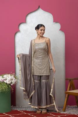 Smer women's grey sequined work strap shoulder kurta & sharara with dupatta set 5