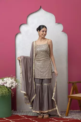 Smer women's grey sequined work strap shoulder kurta & sharara with dupatta set