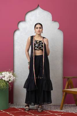 Smer women's black embroidered work crop top with sharara set, attached with a shrug 1