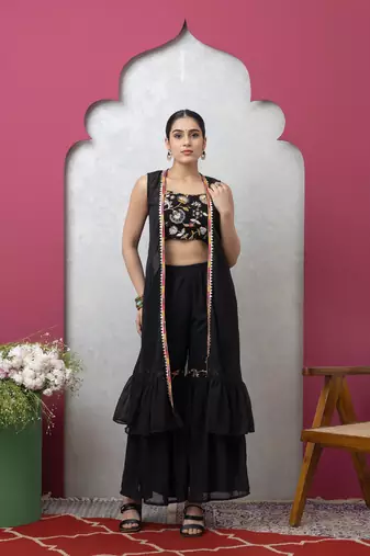 Smer women's black embroidered work crop top with sharara set, attached with a shrug