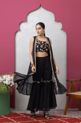 Smer women's black embroidered work crop top with sharara set, attached with a shrug