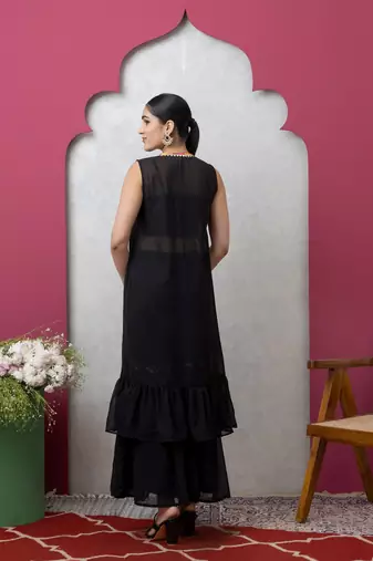 Smer women's black embroidered work crop top with sharara set, attached with a shrug