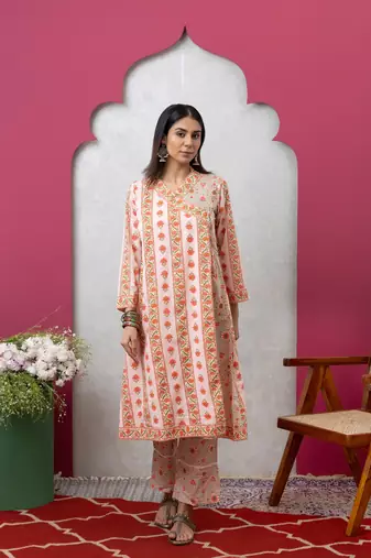 Smer women's cotton peach printed v-neck full sleeves angrakha kurta with trouser set