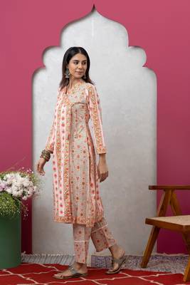 Smer women's cotton peach printed v-neck full sleeves angrakha kurta with trouser set 3