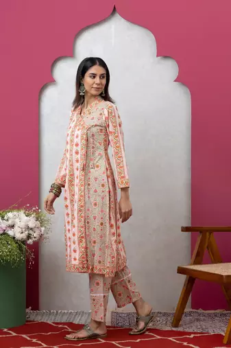 Smer women's cotton peach printed v-neck full sleeves angrakha kurta with trouser set