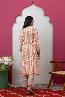 Smer women's cotton peach printed v-neck full sleeves angrakha kurta with trouser set 4