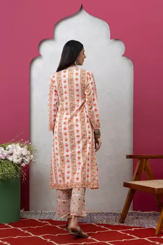 Smer women's cotton peach printed v-neck full sleeves angrakha kurta with trouser set
