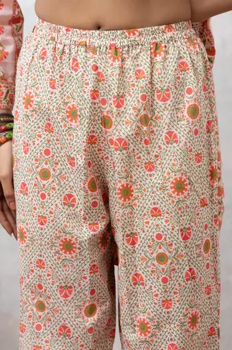 Smer women's cotton peach printed v-neck full sleeves angrakha kurta with trouser set