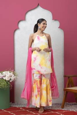Smer women's pink & yellow tie dye strap shoulder sleeveless straight kurta & sharara with dupatta set 1
