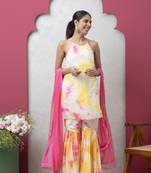 Smer women's pink & yellow tie dye strap shoulder sleeveless straight kurta & sharara with dupatta set