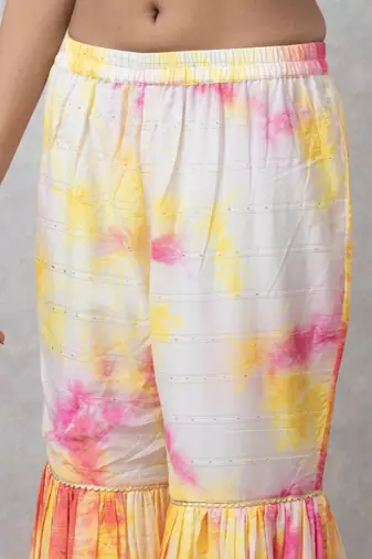 Smer women's pink & yellow tie dye strap shoulder sleeveless straight kurta & sharara with dupatta set