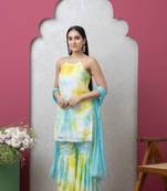 Smer women's blue & yellow tie dye strap shoulder sleeveless straight kurta & sharara with dupatta set