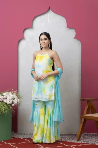 Smer women's blue & yellow tie dye strap shoulder sleeveless straight kurta & sharara with dupatta set