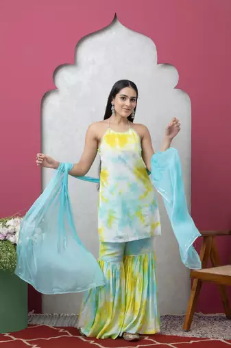 Smer women's blue & yellow tie dye strap shoulder sleeveless straight kurta & sharara with dupatta set
