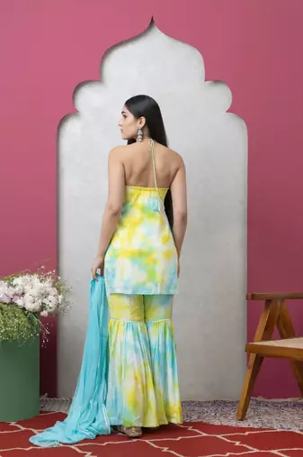 Smer women's blue & yellow tie dye strap shoulder sleeveless straight kurta & sharara with dupatta set