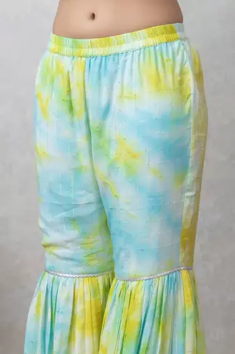 Smer women's blue & yellow tie dye strap shoulder sleeveless straight kurta & sharara with dupatta set