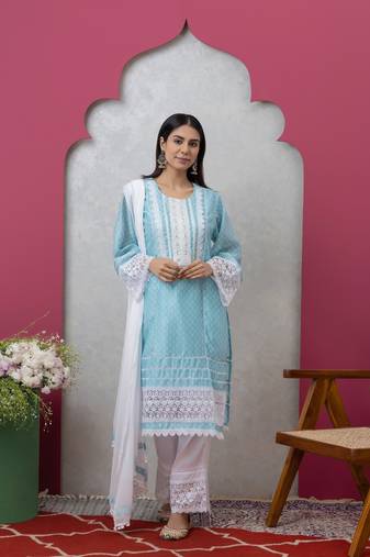Smer sky blue women's mandira neck 3/4th sleeves poly chanderi straight kurta with cotton trousers set