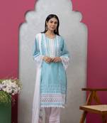 Smer sky blue women's mandira neck 3/4th sleeves poly chanderi straight kurta with cotton trousers set