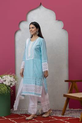 Smer sky blue women's mandira neck 3/4th sleeves poly chanderi straight kurta with cotton trousers set 3